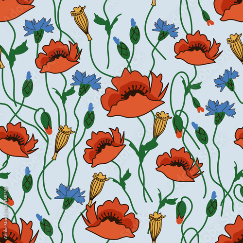 Fototapeta Naklejka Na Ścianę i Meble -  seamless summer floral pattern - light blue background with blooming meadow flowers poppies and cornflowers with buds for packaging, fabric and wallpaper