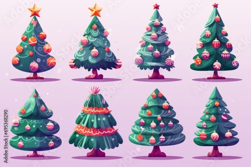 Cartoon abstract Christmas trees with gifts and balls set