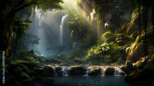 Panorama of a waterfall in the rainforest with sunlight shining through the trees