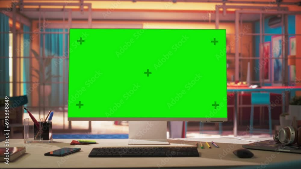 Zoom Out On a Modern Personal Computer Monitor with Chroma key Green Screen Display Standing on the Desk of a Cozy Home Office. Living Room Created by Interior Designer with Good Taste and Style Zoom Out On a Modern Personal Computer Monitor with Chroma key Green Screen Display Standing on the Desk of a Cozy Home Office. Living Room Created by Interior Designer with Good Taste and Style