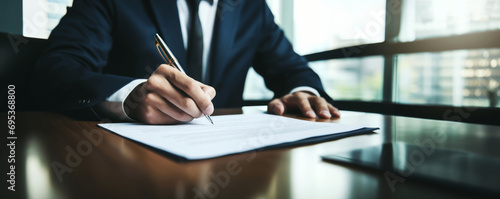 businessman write documents at desk in modern office. man sign business contract. banner with copy space photo