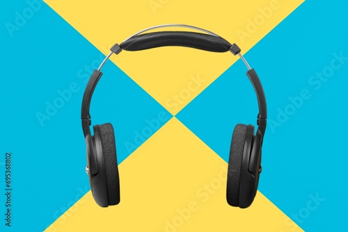 Black headphones with yellow and blue background 