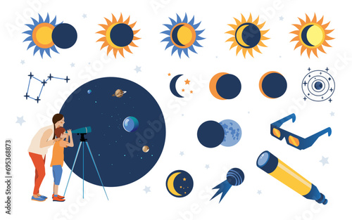 Solar Eclipse set.Vector flat style set of solar eclipse elements for infographic. Illustration in flat style for kids education at school, stickers, scrapbooking.