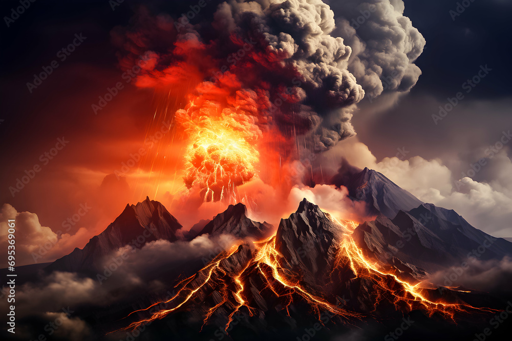 Dramatic volcano eruption with fiery lava and ash clouds.