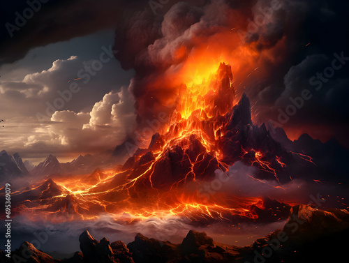 A chaotic symphony of ash and flames dances in the air as a volcanic eruption paints the horizon with a surreal display of nature's fury.
