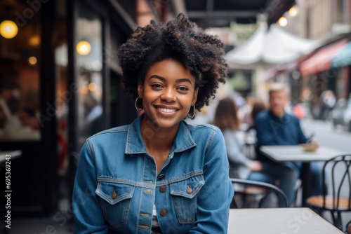 Portrait of a glad afro-american woman in her 20s sporting a versatile denim shirt against a bustling city cafe. AI Generation photo