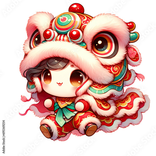 Watercolor Chinese lion dance celebrates the Chinese New Year photo