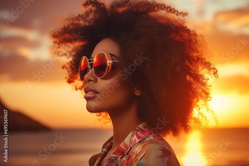 Portrait of a blissful afro-american woman in her 40s wearing a trendy sunglasses against a beautiful beach sunset. AI Generation