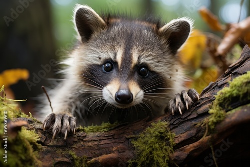 Curious raccoon exploring a tree trunk, Generative AI