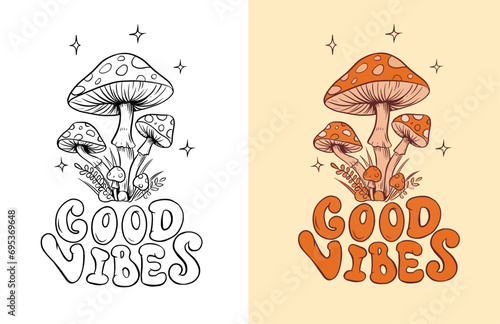 Psychedelic vector illustration with amanita, cartoon mushrooms. Hippie hand drawn retro 60s nostalgic poster, card, t-shirt print vector