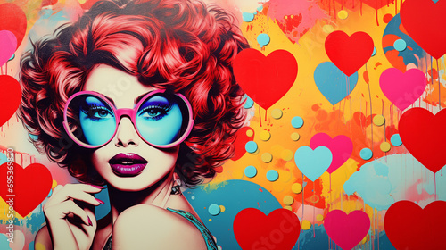 A pop art-inspired collage with hearts and retro comic imagery, Psychadelic collage, Valentines Day, retro, blurred background, with copy space