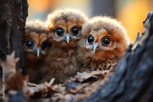 Family of owlets peeking out from their nest in a tree hollow, Generative AI photo