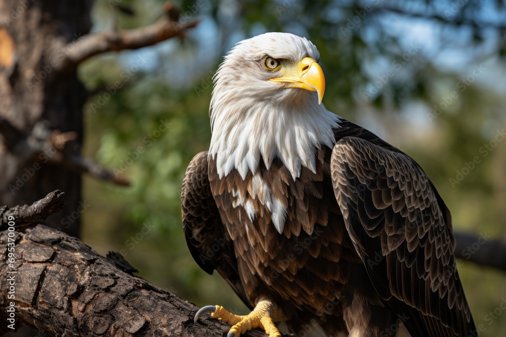 Obraz premium Perched bald eagle surveying its territory from a tall tree, Generative AI