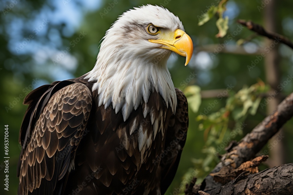 Perched bald eagle surveying its territory from a tall tree, Generative AI Perched bald eagle surveying its territory from a tall tree, Generative AI