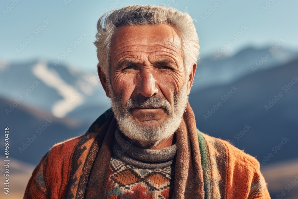 Portrait of a merry man in his 70s showing off a thermal merino wool top against a backdrop of mountain peaks. AI Generation