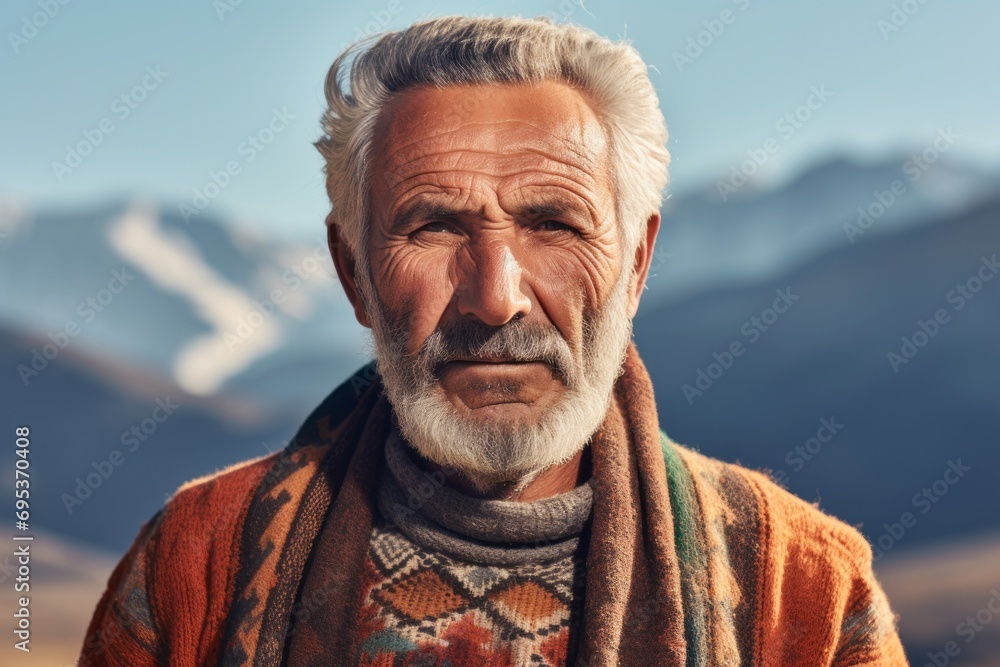 Portrait of a merry man in his 70s showing off a thermal merino wool top against a backdrop of mountain peaks. AI Generation Portrait of a merry man in his 70s showing off a thermal merino wool top against a backdrop of mountain peaks. AI Generation