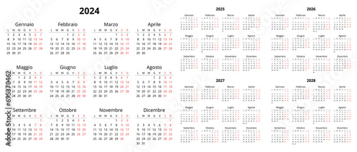 2024, 2025, 2026, 2027, 2028 italian calendars. Printable vector illustration set for Italy