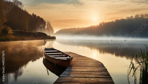Boat on the serene foggy lake in with the boardwalk in Muskoka Canada in the misty morning