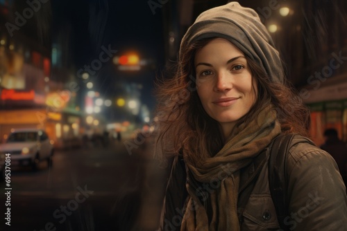Portrait of a tender woman in her 40s wearing a versatile buff against a bustling city street at night. AI Generation