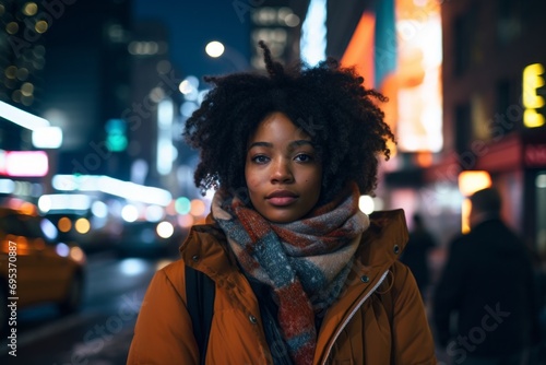 Portrait of a content afro-american woman in her 20s wearing a warm parka against a bustling city street at night. AI Generation © Markus Schröder
