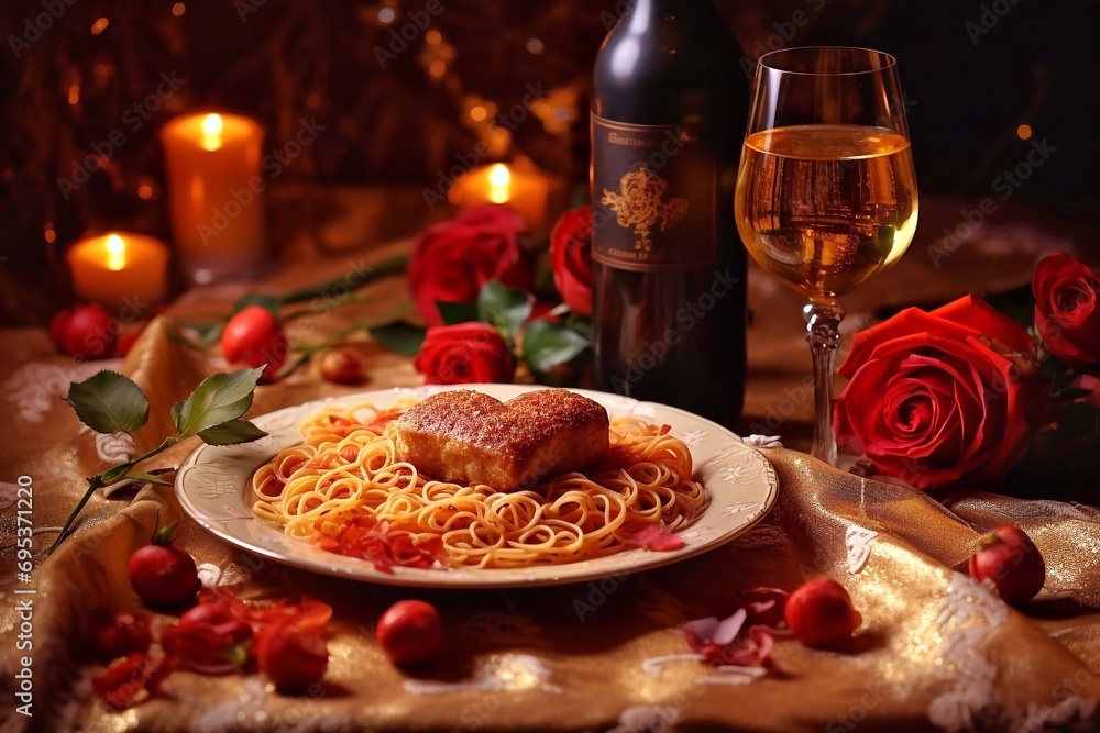 Spaghetti with heart-shaped meat and tomato sauce served with a glass of white wine. Petals of red roses on the table, a romantic dinner prepared for a loved one