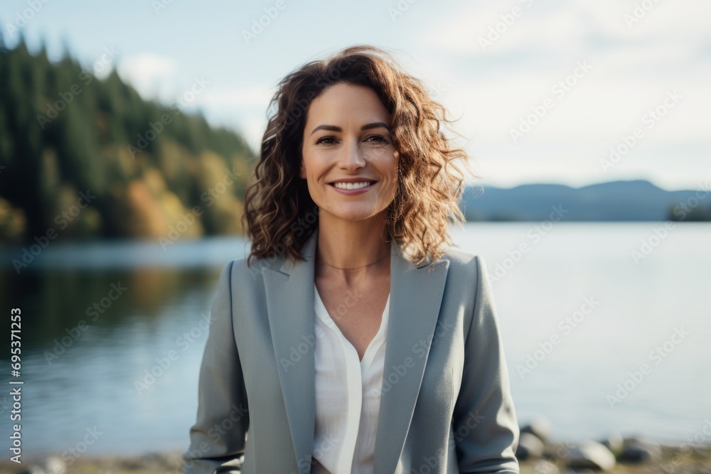 Portrait of a grinning woman in her 40s dressed in a stylish blazer against a serene lakeside view. AI Generation