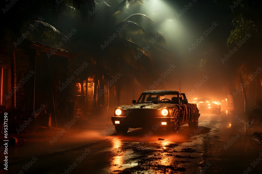 Car driving on the road at night in the rain, Bangkok, Thailand