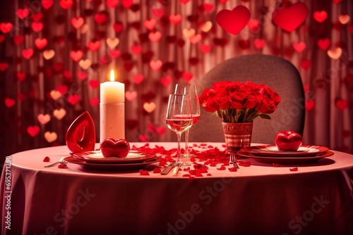Valentine s day table setting with red roses  candles and hearts