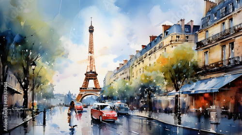 Captivating Watercolor of Paris, France. Exploring Vibrant Urban Life in Metropolitan Hub, Artistic Rendering of City Street, Cultural Diversity and Energetic Cityscape.
