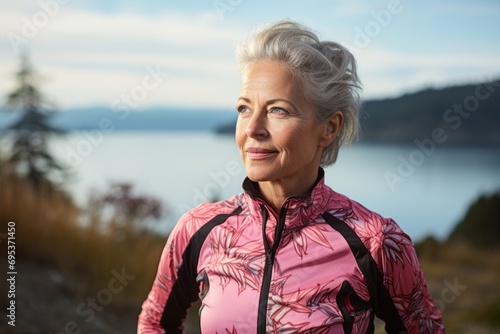 Portrait of a merry woman in her 50s sporting a technical climbing shirt against a serene lakeside view. AI Generation