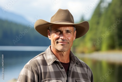 Portrait of a cheerful man in his 50s wearing a rugged cowboy hat against a serene lakeside view. AI Generation