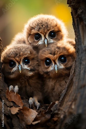 Family of owlets peeking out from their nest in a tree hollow, Generative AI photo