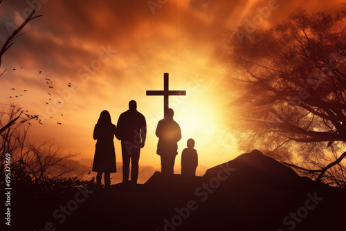 Rear view of family walking on field with Christian cross photo