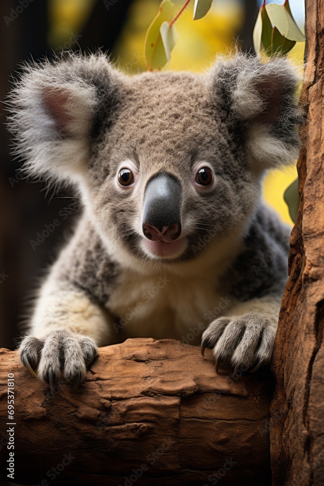 Fototapeta premium Koala bear clinging to the eucalyptus tree it's feeding on, Generative AI