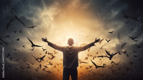 Freedom concept with man rising arms towards the sky full of flying birds