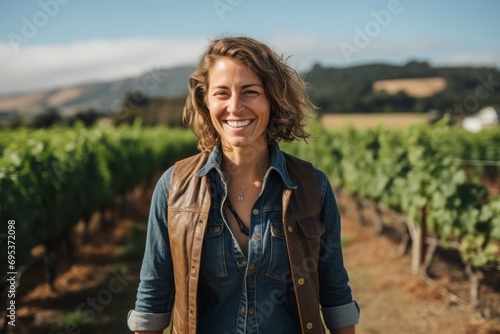 Portrait of a joyful woman in her 40s wearing a rugged jean vest against a backdrop of rolling vineyards. AI Generation photo