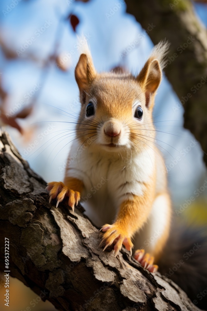 Playful squirrel perched on a tree branch, Generative AI Playful squirrel perched on a tree branch, Generative AI