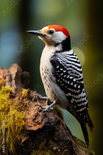 Woodpecker busy at work on the trunk of an old tree, Generative AI