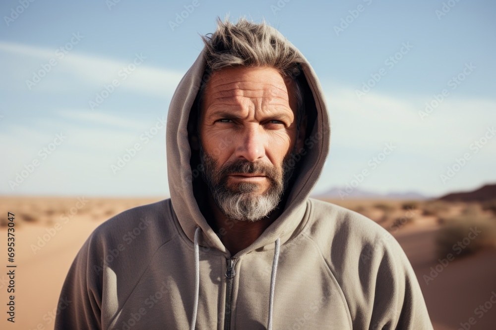 Portrait of a merry man in his 40s sporting a comfortable hoodie against a backdrop of desert dunes. AI Generation Portrait of a merry man in his 40s sporting a comfortable hoodie against a backdrop of desert dunes. AI Generation