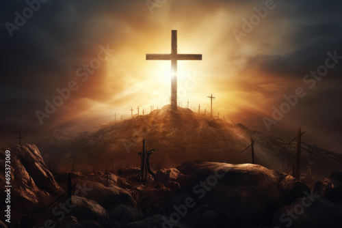 Foto Christian cross on hill with holy light from the sky