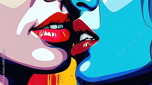 Kiss between girls. Close-up of two women's lips. AI generated.