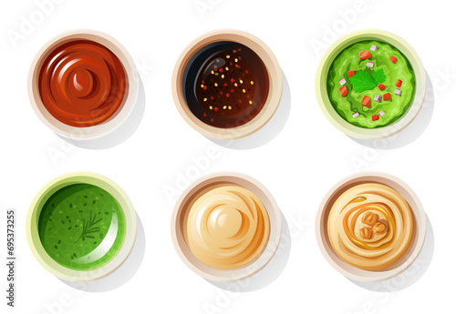 Set of dip sauces top view isolated on a white background.