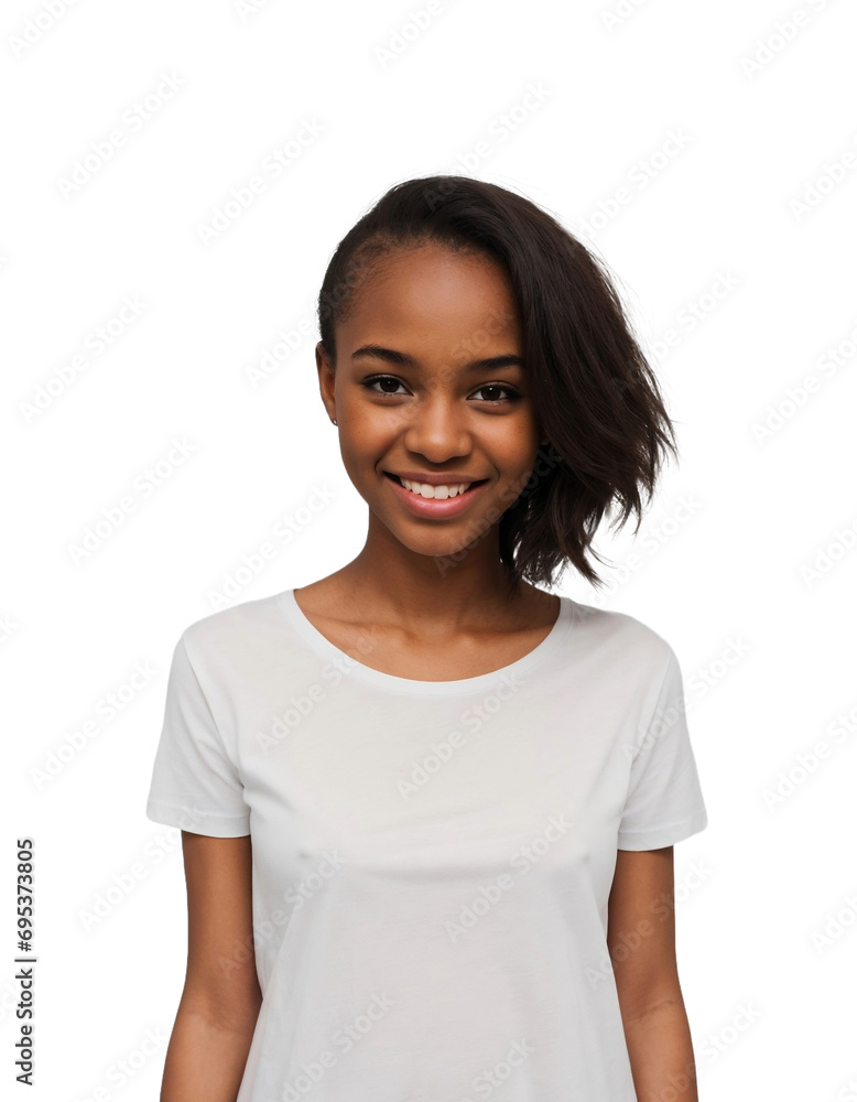 Black girl wearing a white t-shirt smiling and looking at the camera, Happiness concept, isolated, transparent background, no background. PNG. Black girl wearing a white t-shirt smiling and looking at the camera, Happiness concept, isolated, transparent background, no background. PNG.