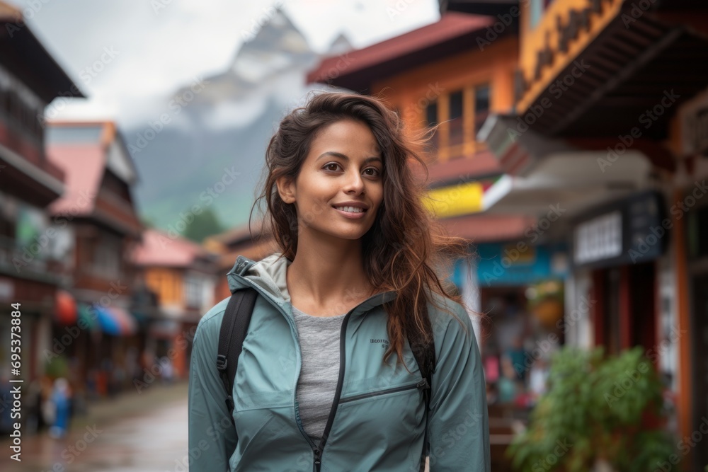 Portrait of a blissful indian woman in her 20s sporting a technical climbing shirt against a charming small town main street. AI Generation Portrait of a blissful indian woman in her 20s sporting a technical climbing shirt against a charming small town main street. AI Generation