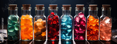 Side closeup photograph of wide colorful cosmetic oil items in colorful bottles lay in manner on a table  photo