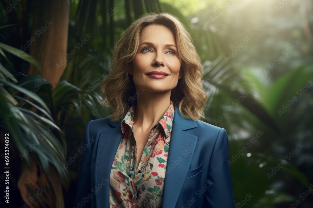 Portrait of a cheerful woman in her 50s dressed in a stylish blazer against a lush tropical rainforest. AI Generation Portrait of a cheerful woman in her 50s dressed in a stylish blazer against a lush tropical rainforest. AI Generation