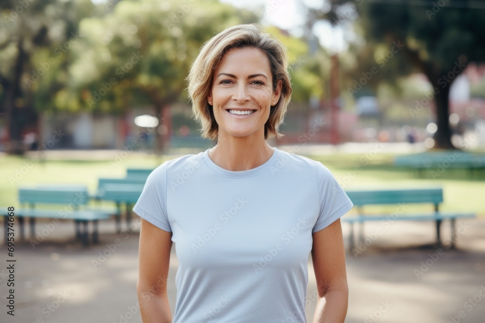 Portrait of a grinning woman in her 40s wearing a sporty polo shirt against a vibrant city park. AI Generation Portrait of a grinning woman in her 40s wearing a sporty polo shirt against a vibrant city park. AI Generation