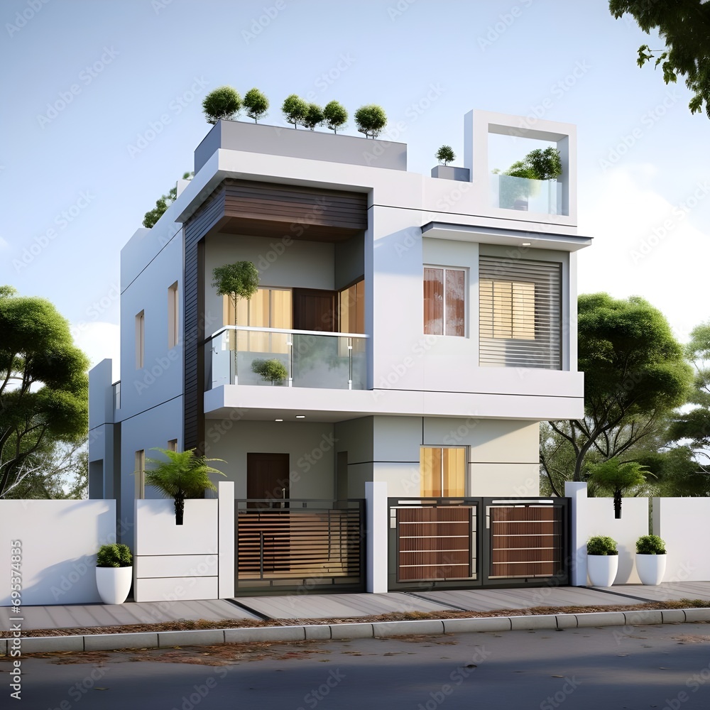 Duplex Home in Indian Style: Parking Area & Stunning Balcony Design