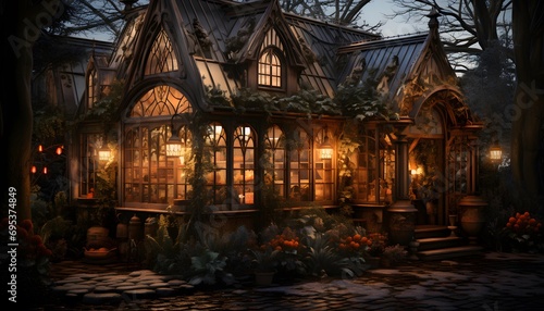 Houses at night in the autumn forest. Panoramic image.