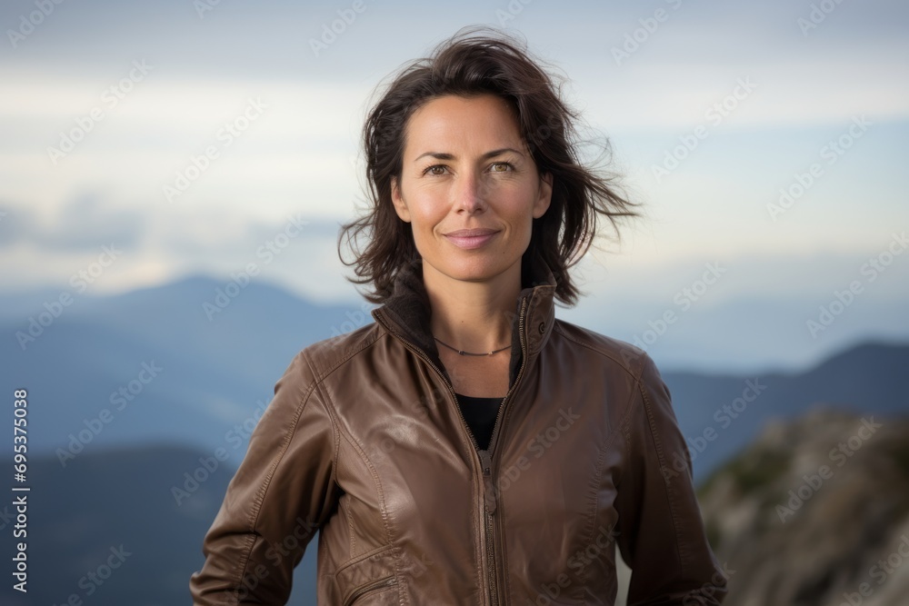 Portrait of a glad woman in her 40s wearing a trendy bomber jacket against a panoramic mountain vista. AI Generation
